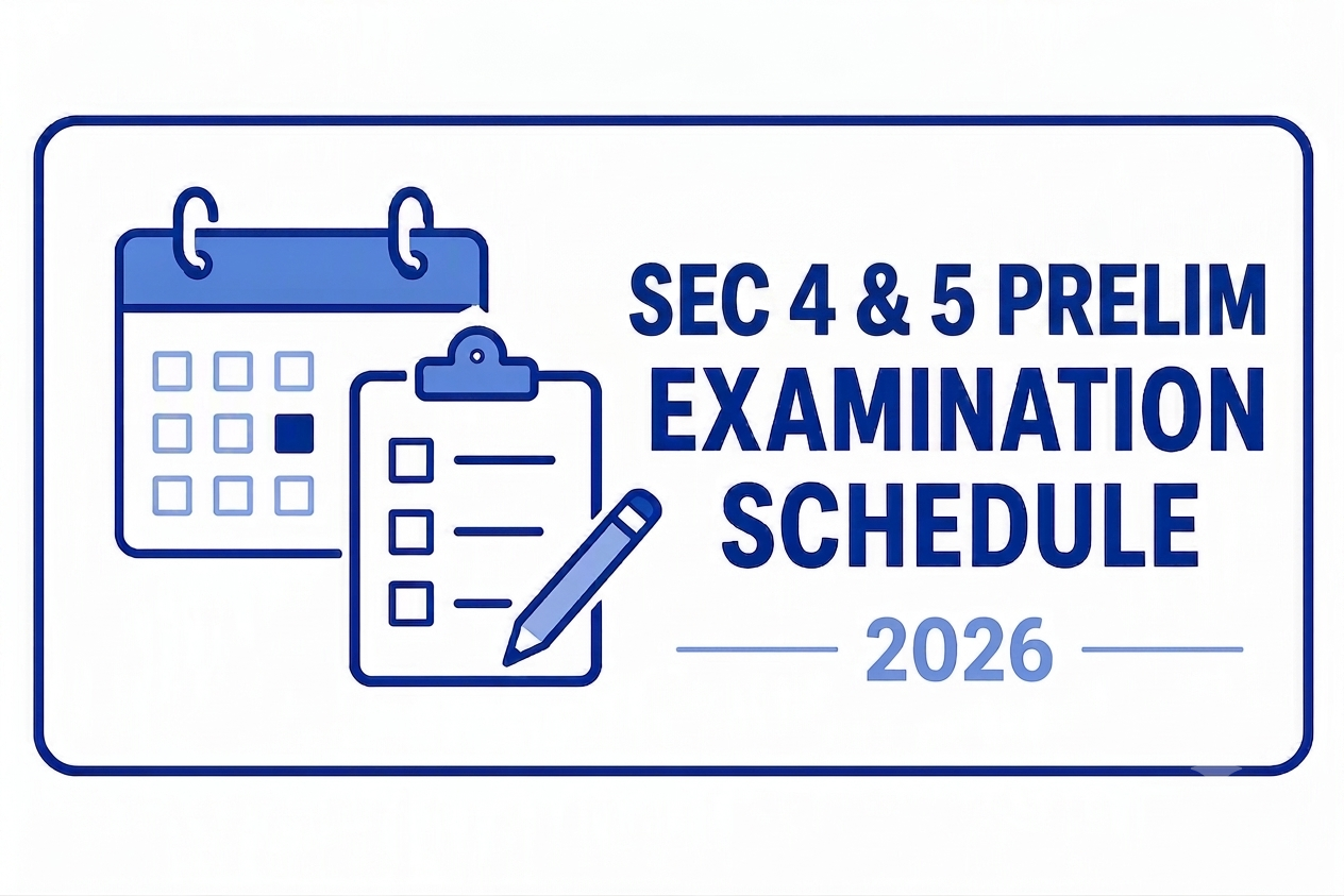 A minimalist vector icon card featuring line art of a wall calendar, an examination sheet with bullet points, and a pencil inside a rounded maroon frame. Below the icons, the bold dark maroon text reads SEC 4 & 5 PRELIM EXAMINATION SCHEDULE 2026.